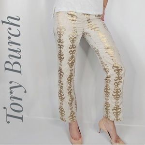 TORY BURCH Linen Pants with Gold Filigree Pattern